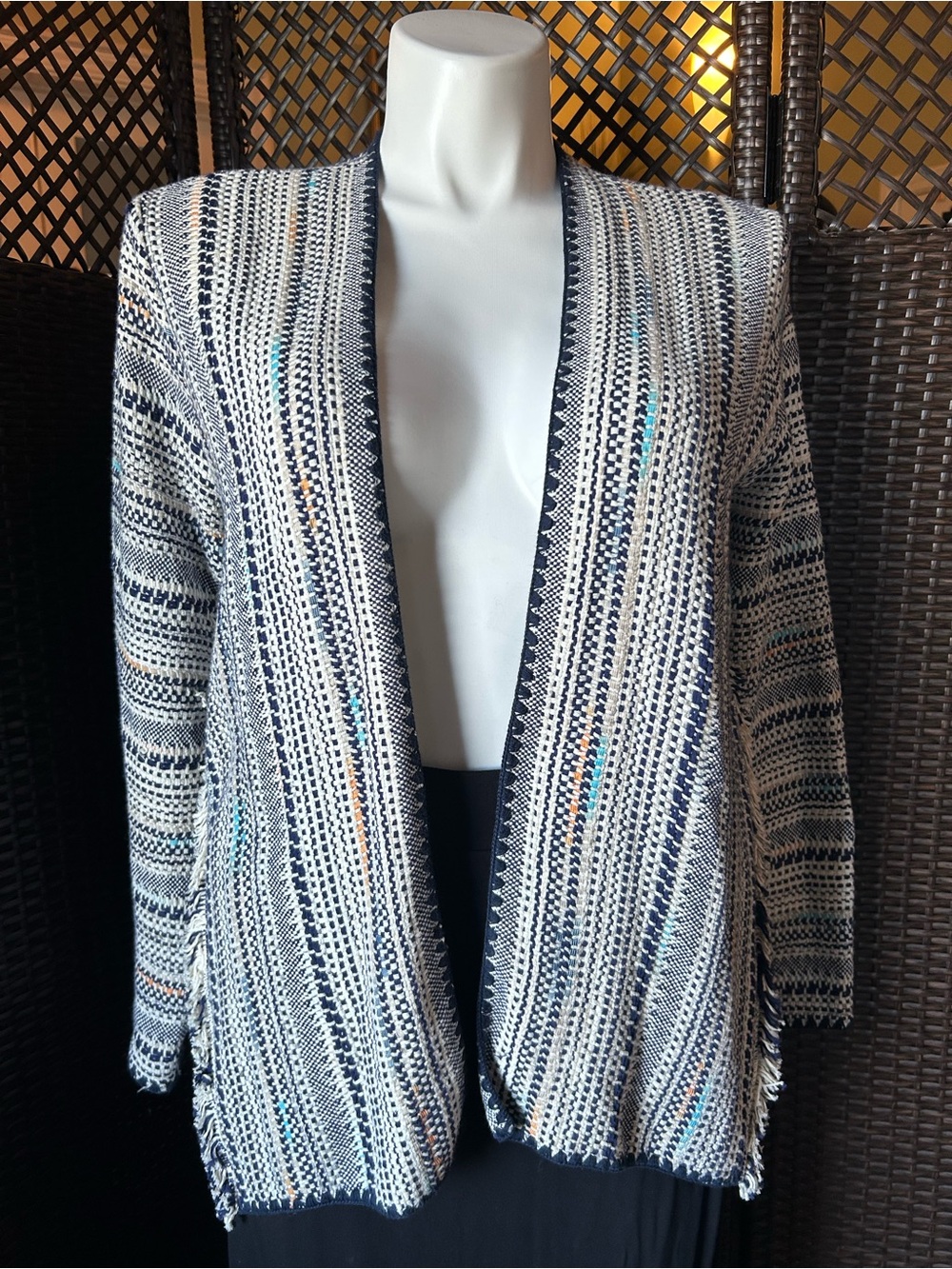 Lucky Brand Navy and White Open-Front Striped Cardigan